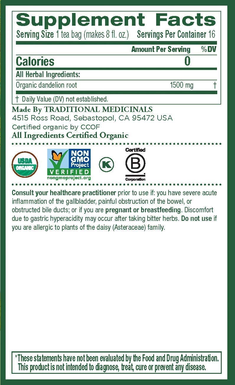 Traditional Medicinals Organic Roasted Dandelion Root Herbal Tea, Supports Healthy Digestion, Pack of 6, 96 Tea Bags Total