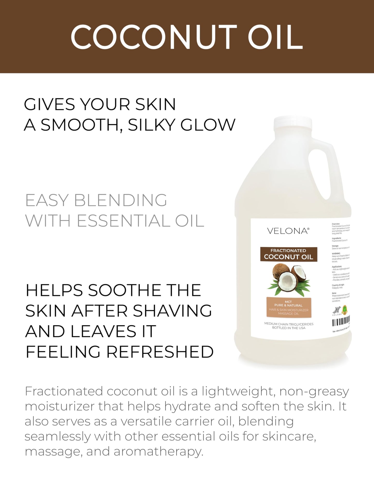 velona MCT Coconut Oil | 100% Pure Carrier Oil for Skin, Face, Body, Hair | 64 Fl Oz