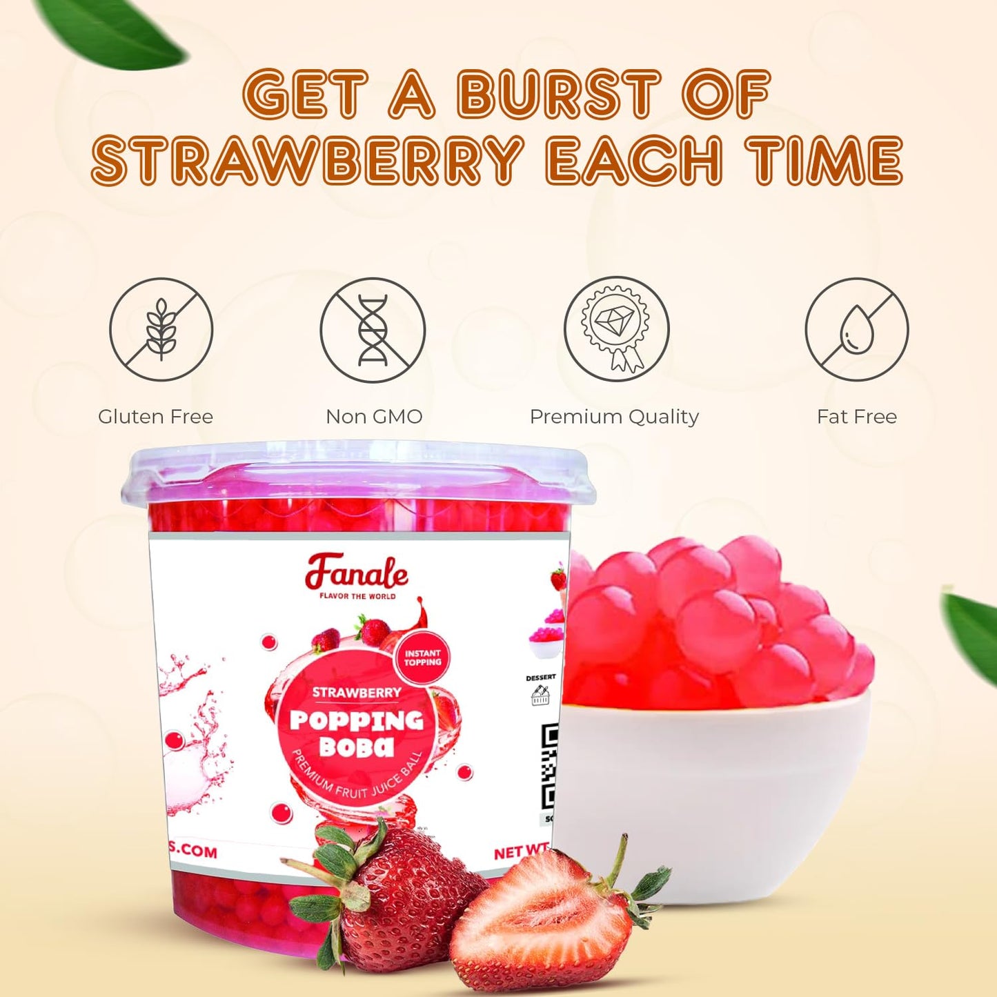 Fanale Strawberry Popping Boba Pearls, Vegan, Non Gmo, Gluten Free, Fat Free, Perfect For Bubble Tea, Smoothies, Ice Cream, Dess