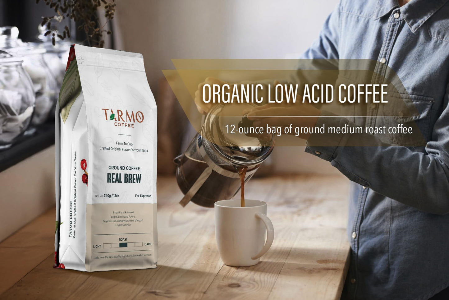 Tarmo Coffee | Real Brew - Low Acid Ground Coffee, Vietnamese Coffee, Premium Arabica, Medium Roast, 12 Oz Bag