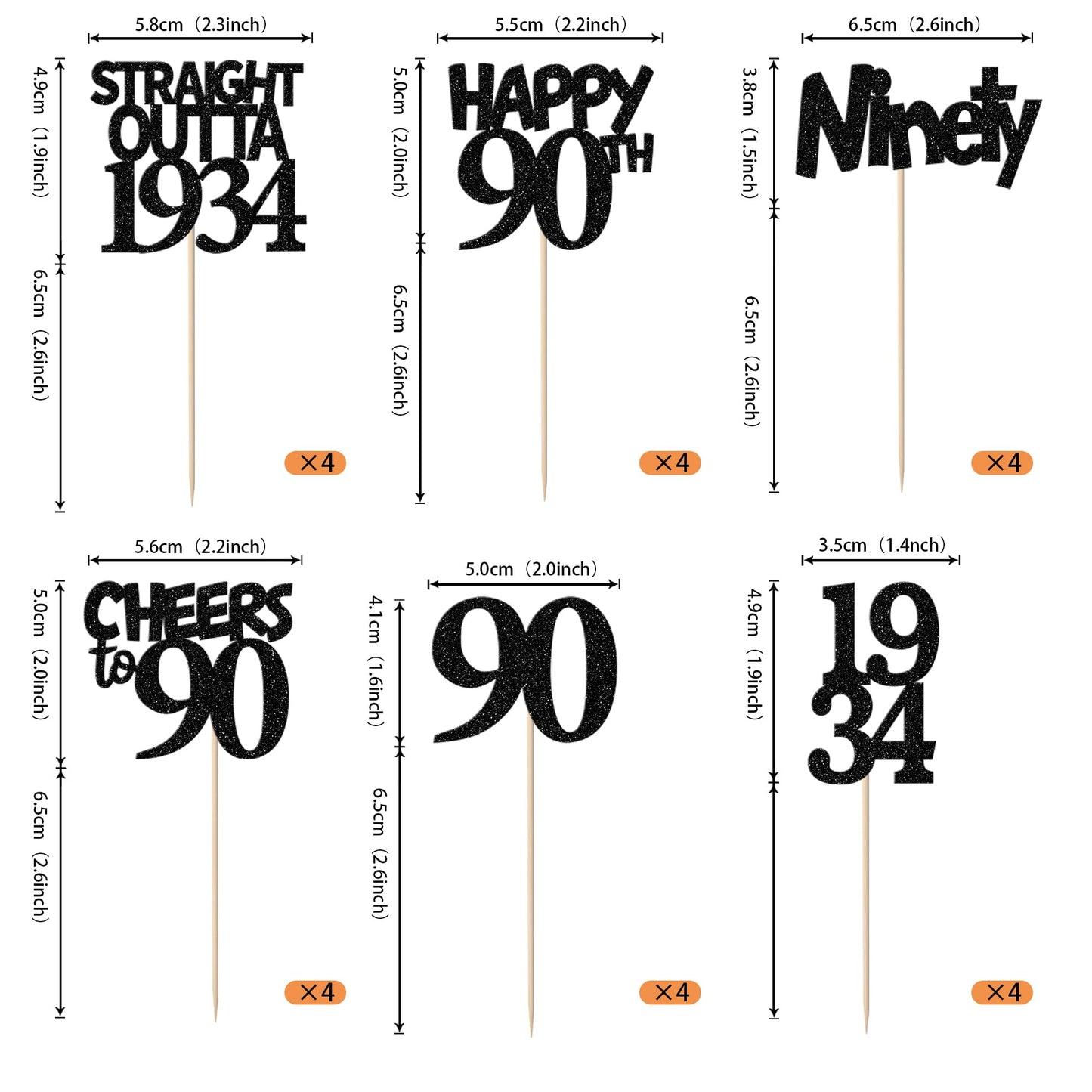 Rssta i Cupcake Toppers 24 Pack, 90th Birthday Decorations, Black Paper, Model XM236-black 90th