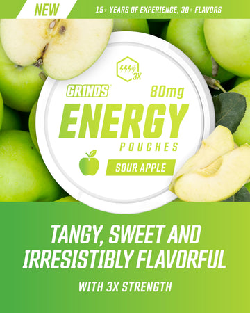 GRINDS Energy Pouches - Natural Caffeine with B-Vitamins - Sugar-Free, 80mg Caffeine - Sour Apple - 6 Pack, 15 Pouches Per Can