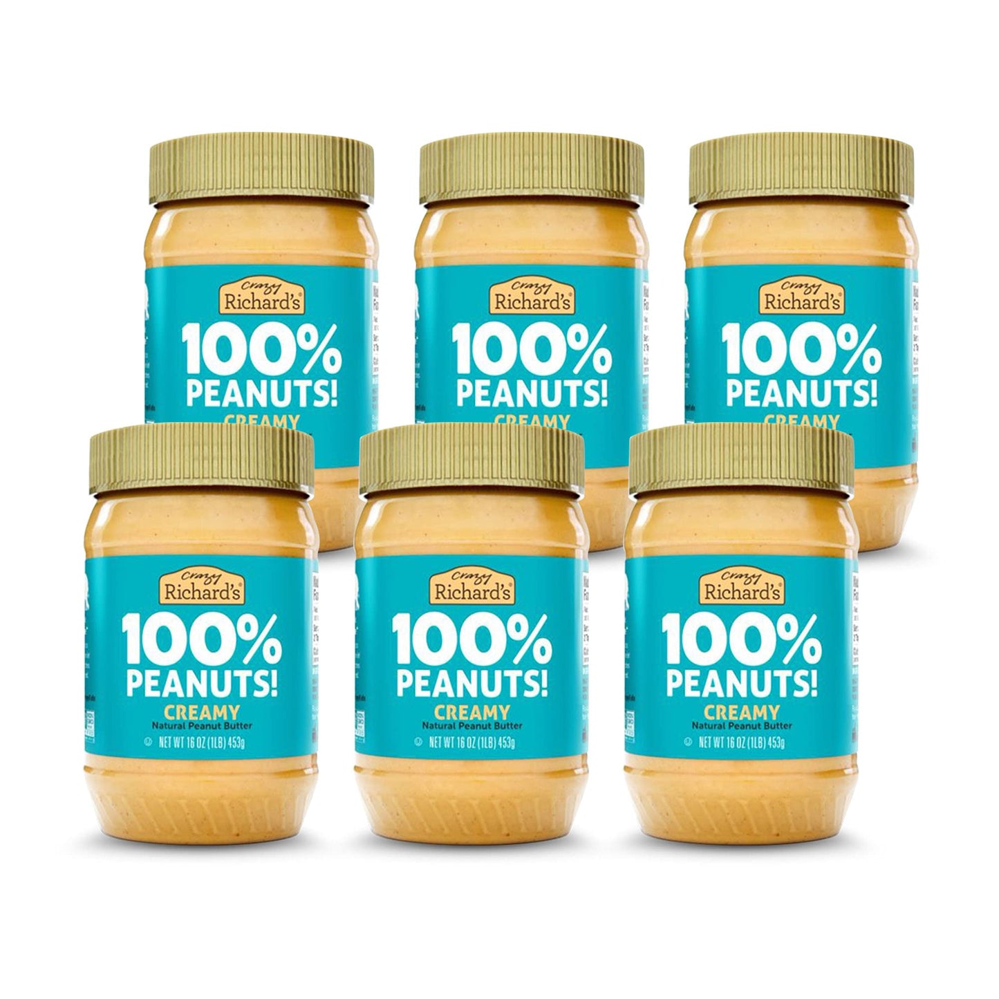 Crazy Richards Creamy Peanut Butter, 100% Natural, Non-GMO, Gluten-Free, 16 Ounce Jars (Pack of 6)
