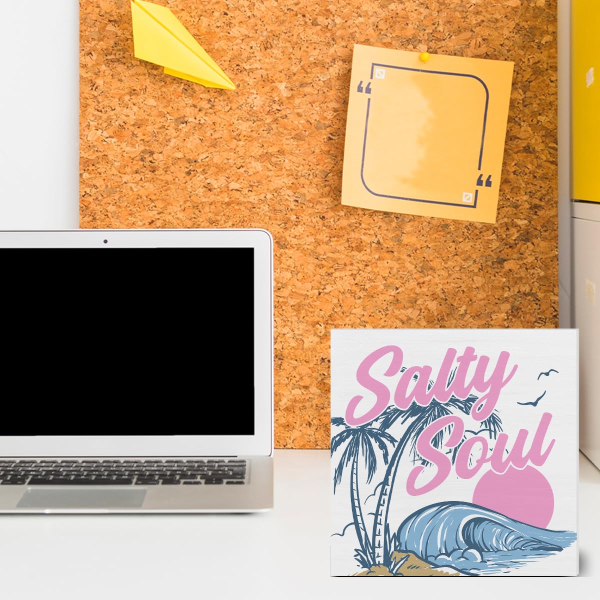 Retro Summer Decor, Beach Vibes Summer Decorations, Salty Soul Coastal Beachy Room Wood Sign For Desk Table Shelf 5 X 5 Inches
