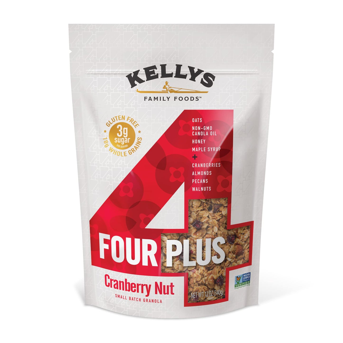 Kellys Four Plus Granola Cereal, Cranberry Nut, Non-GMO, Low Sugar, Gluten Free, 12oz