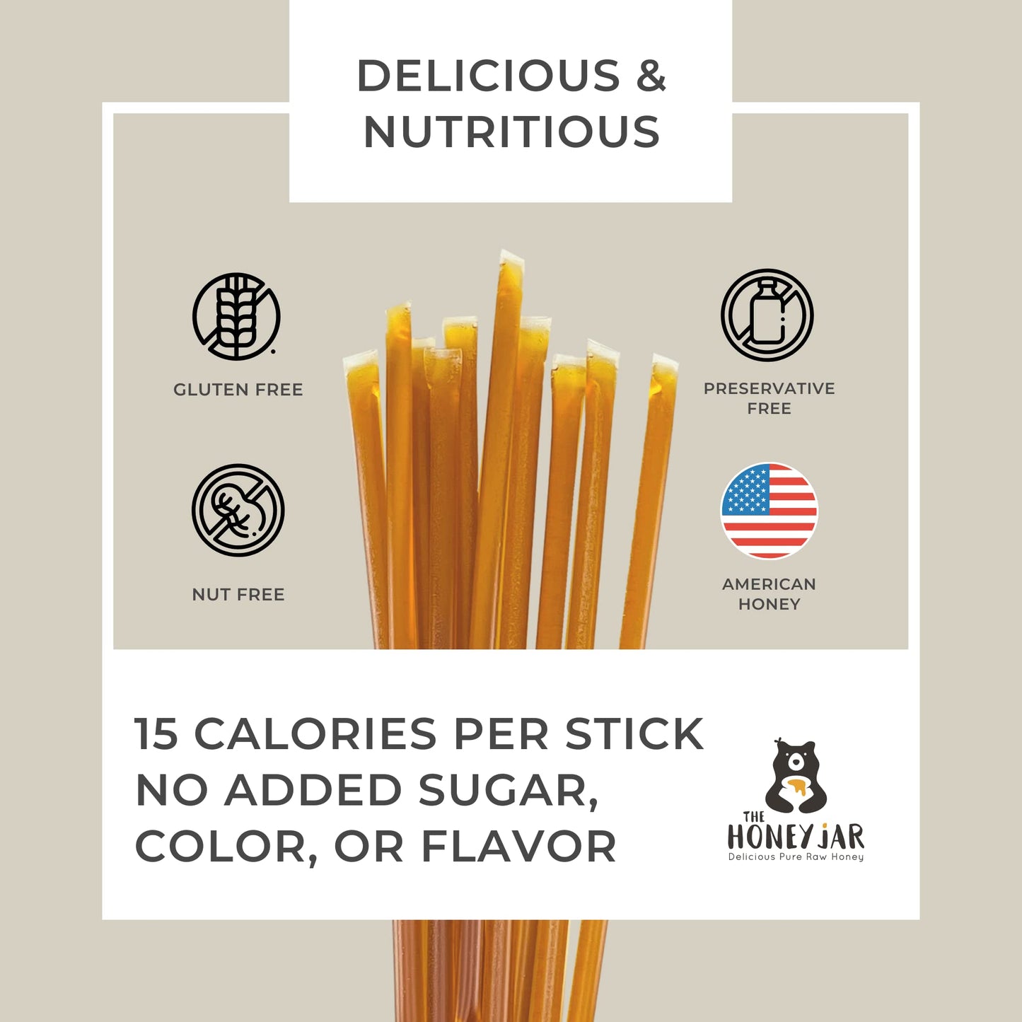 The Honey Jar Plain Honey Sticks - Pure Honey Straws For Tea, Coffee, Or A Healthy Treat - One Teaspoon Of Flavored Honey Per St