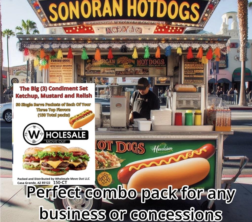 Wholesale Move Out Condiment Variety Pack, 150 Single Serve Packets, Ketchup Mustard Relish, 50 Each