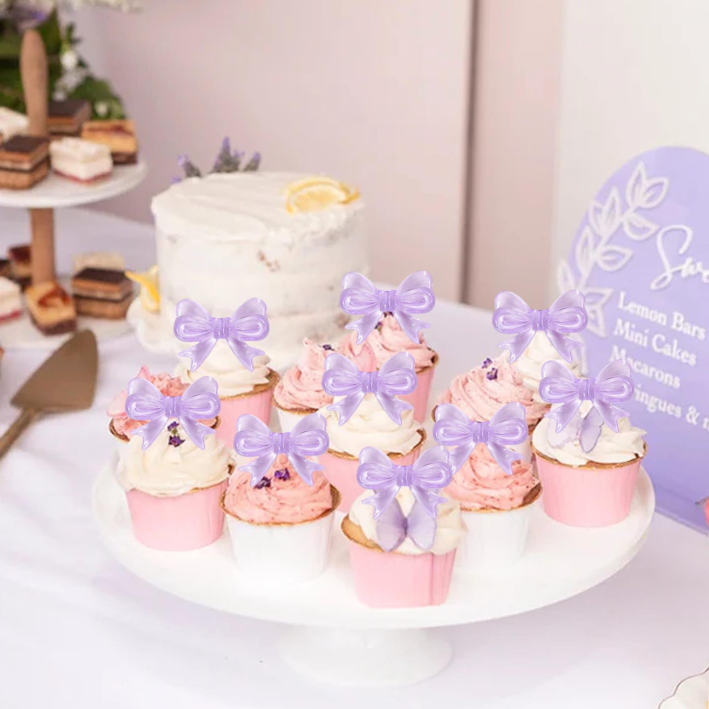 YCTHUNFISH Pink Bow Cupcake Toppers, 30 Pack Acrylic Picks for Weddings & Parties, Purple