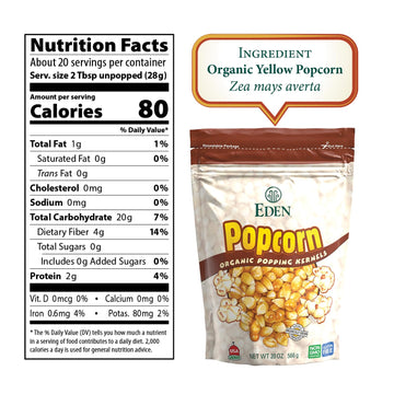 Eden Organic Yellow Popcorn Kernels, Non Gmo, Superior Popping Variety, 100% Whole Grain, 20 Oz (2-Pack)