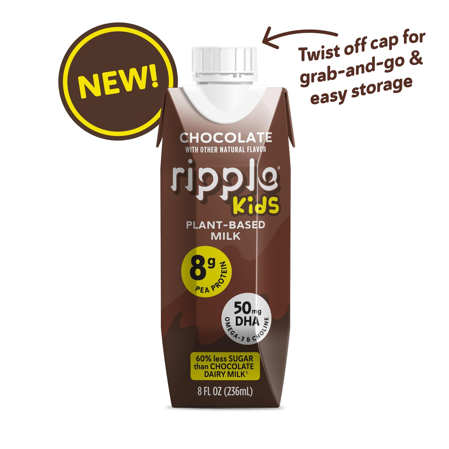 Ripple Kids Chocolate Plant Based Milk | 8g of Quality Sourced Pea Protein, Calcium Rich | Shelf Stable | Vegan & Non GMO | Dair