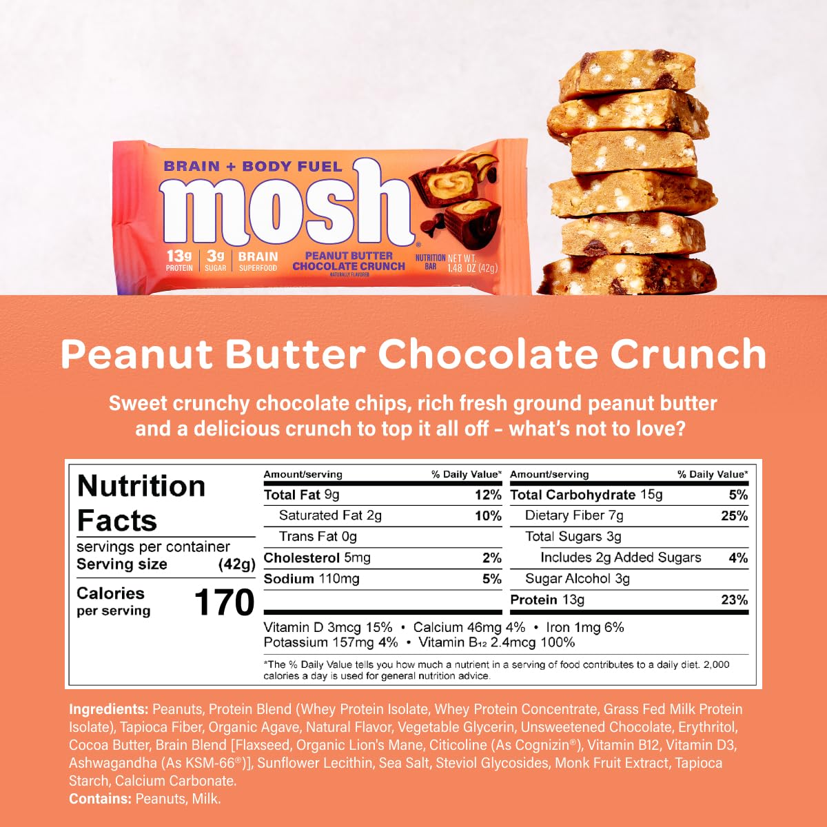 MOSH Peanut Butter Chocolate Keto Protein Bars, Gluten Free, High Protein, 1.48 oz (Pack of 12), Brown