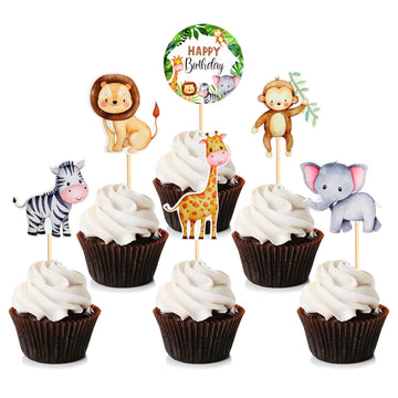 Cyodoos 24Pcs Jungle Safari Animal Theme Cupcake Toppers Dessert Muffin Cake Picks Cake Decoration For Jungle Safari Themed Part