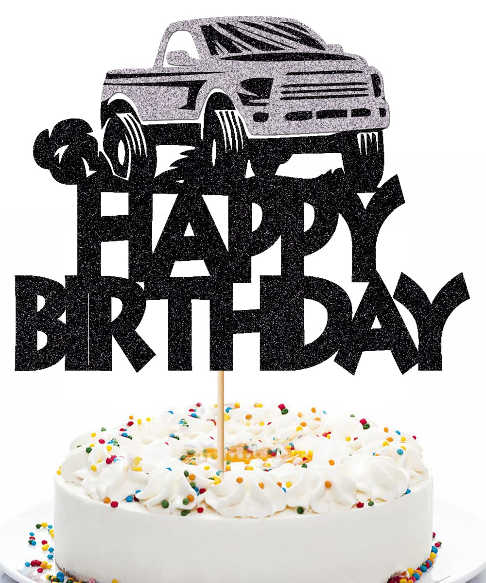 Qerleny Black Glitter Pickup Truck Cake Toppers, Pickup Truck Happy Birthday Cake Toppers Farm Pickup Truck Party Cake Party Dec