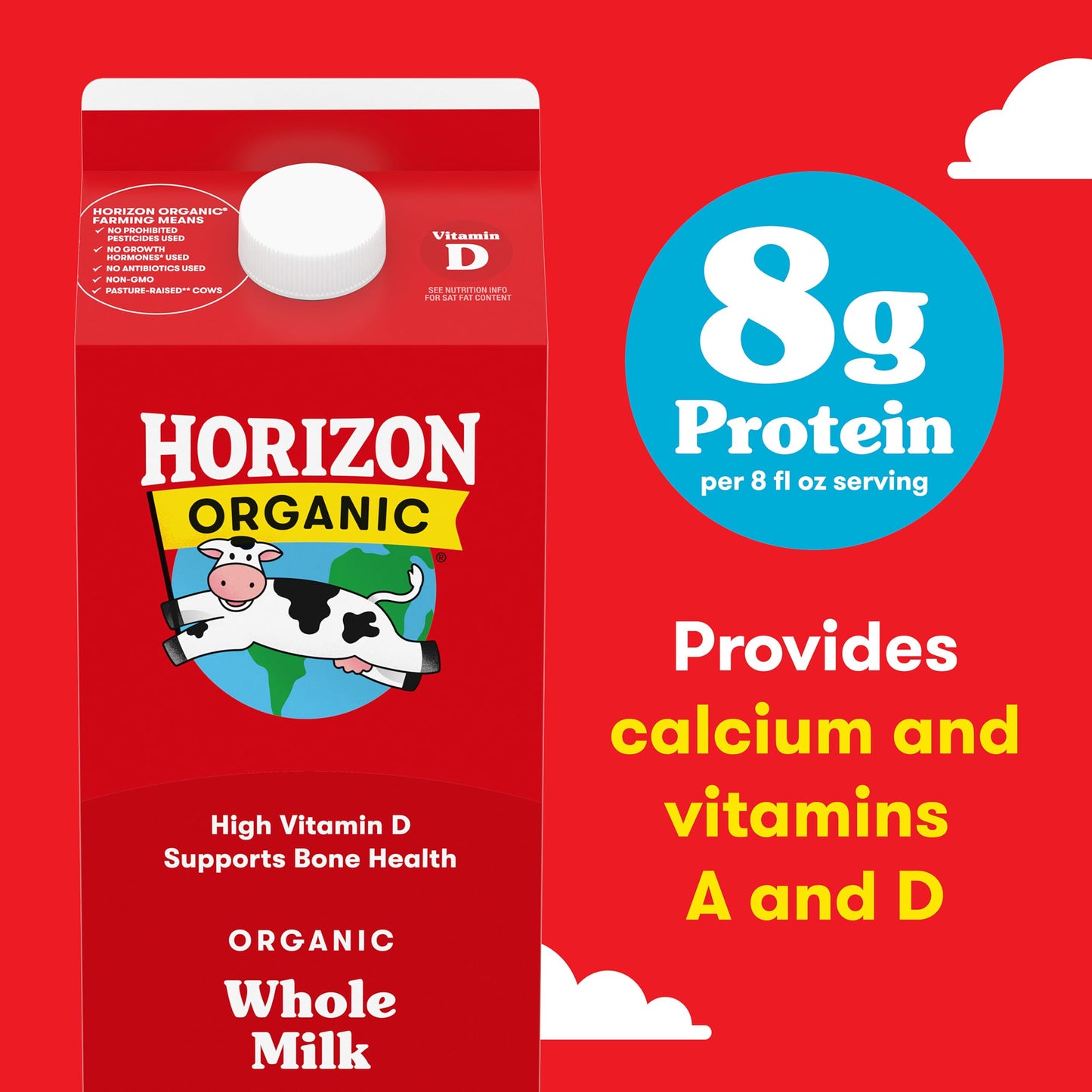 Horizon Organic High Vitamin D Whole Milk, Rich and Creamy High Vitamin D Milk, 64 fl oz Half Gallon Carton