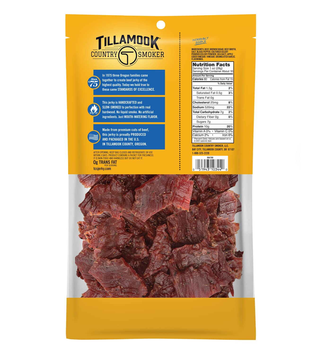 Tillamook Country Smoker Beef Jerky, Sea Salt &  ed Pepper, 10 Ounce