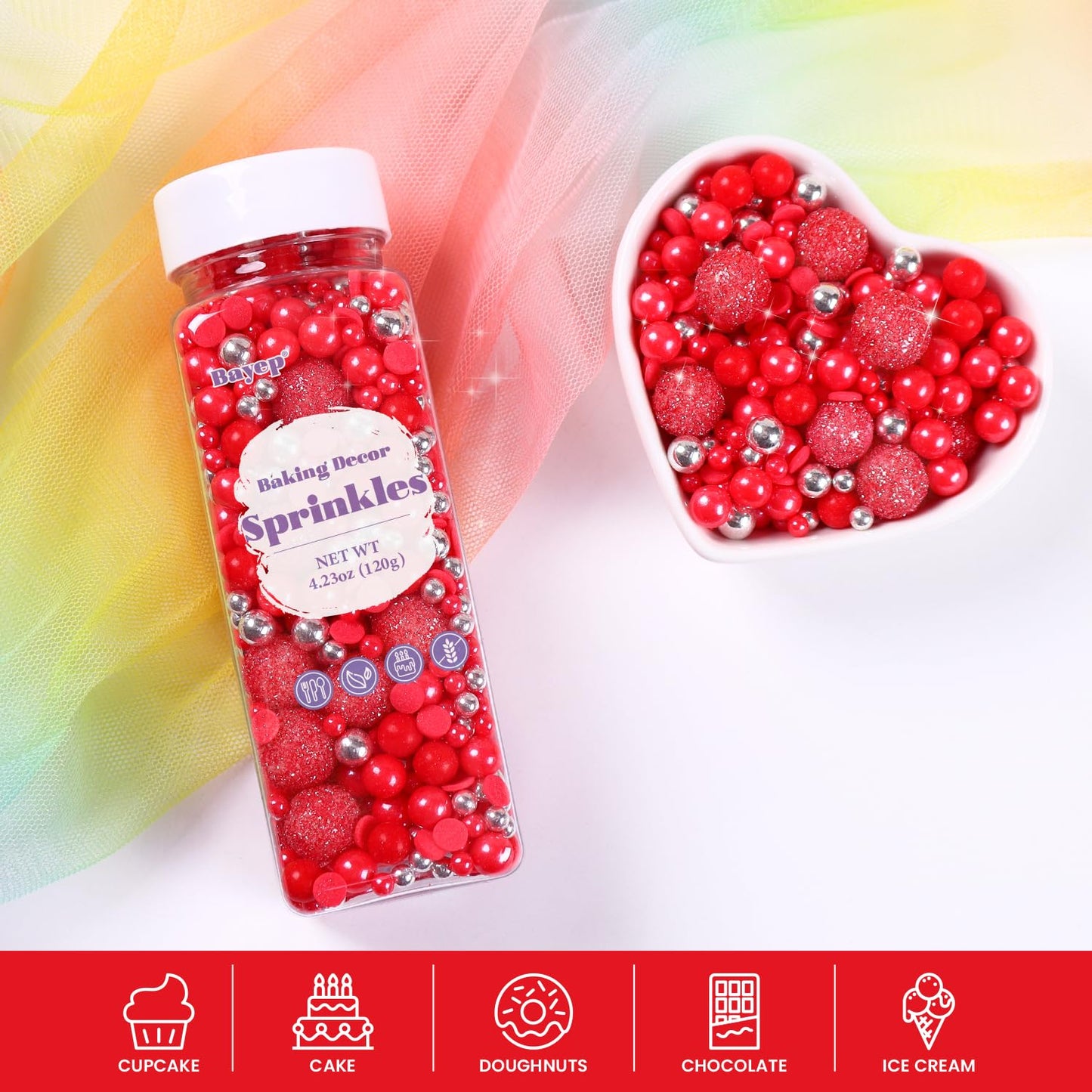 Red Sprinkles For Baking 4.23Ounce - Sparkle Pearl Sprinkles For Cupcake Toppers, Ice Cream, Candy, Cookie Decorations - Silver