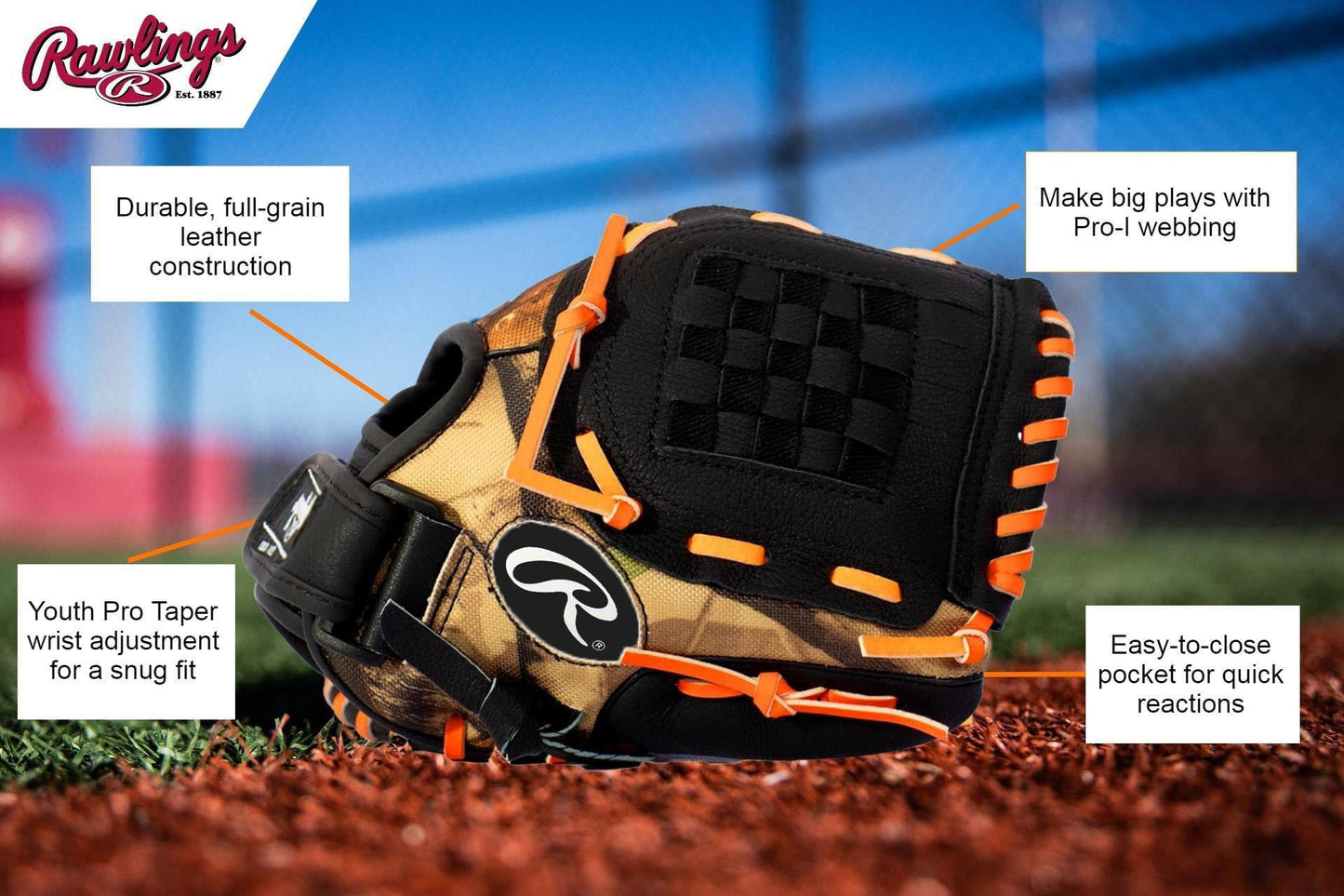 Rawlings Playmaker Camo Kids Baseball Glove For Kids 5-8 - Tball Glove – 10.5 - Right Hand Throw - Glove Fits On Left Hand - Make S Carefully