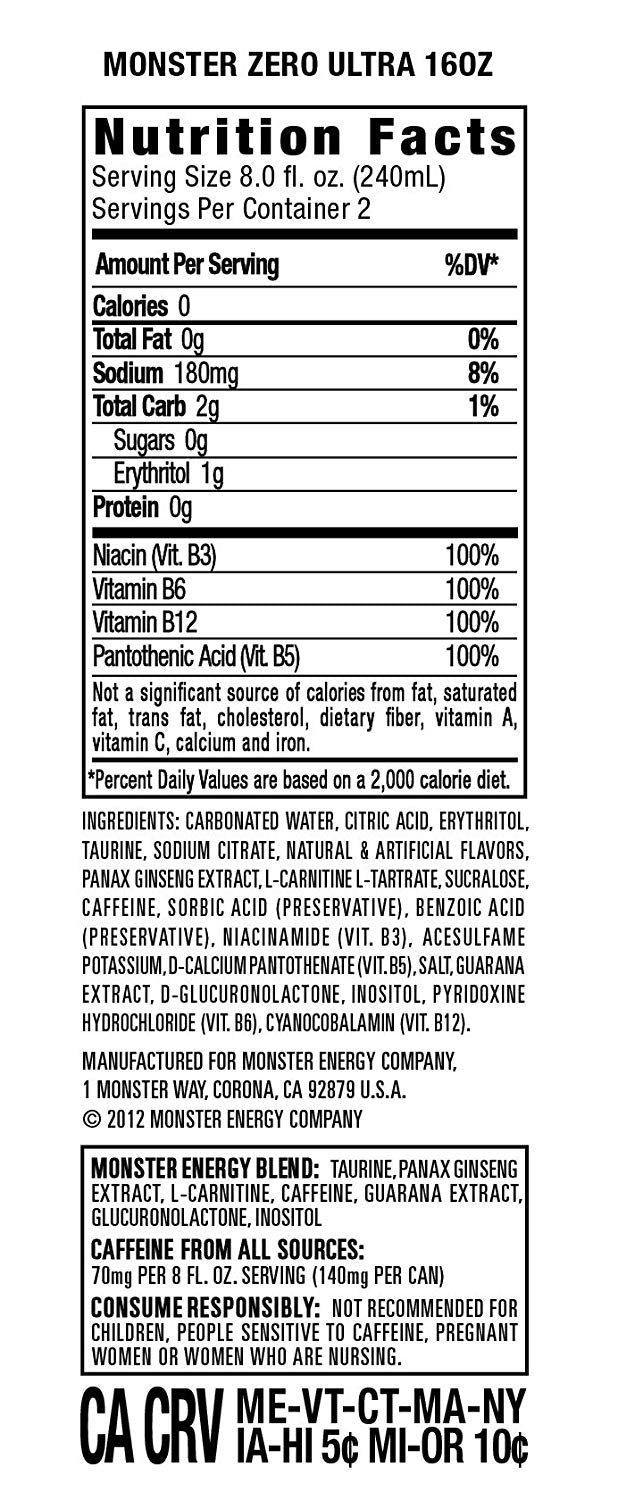 Monster Energy Ultra Zero Sugar Energy Drinks, 16 Fl Oz, Pack of 12, White Cans