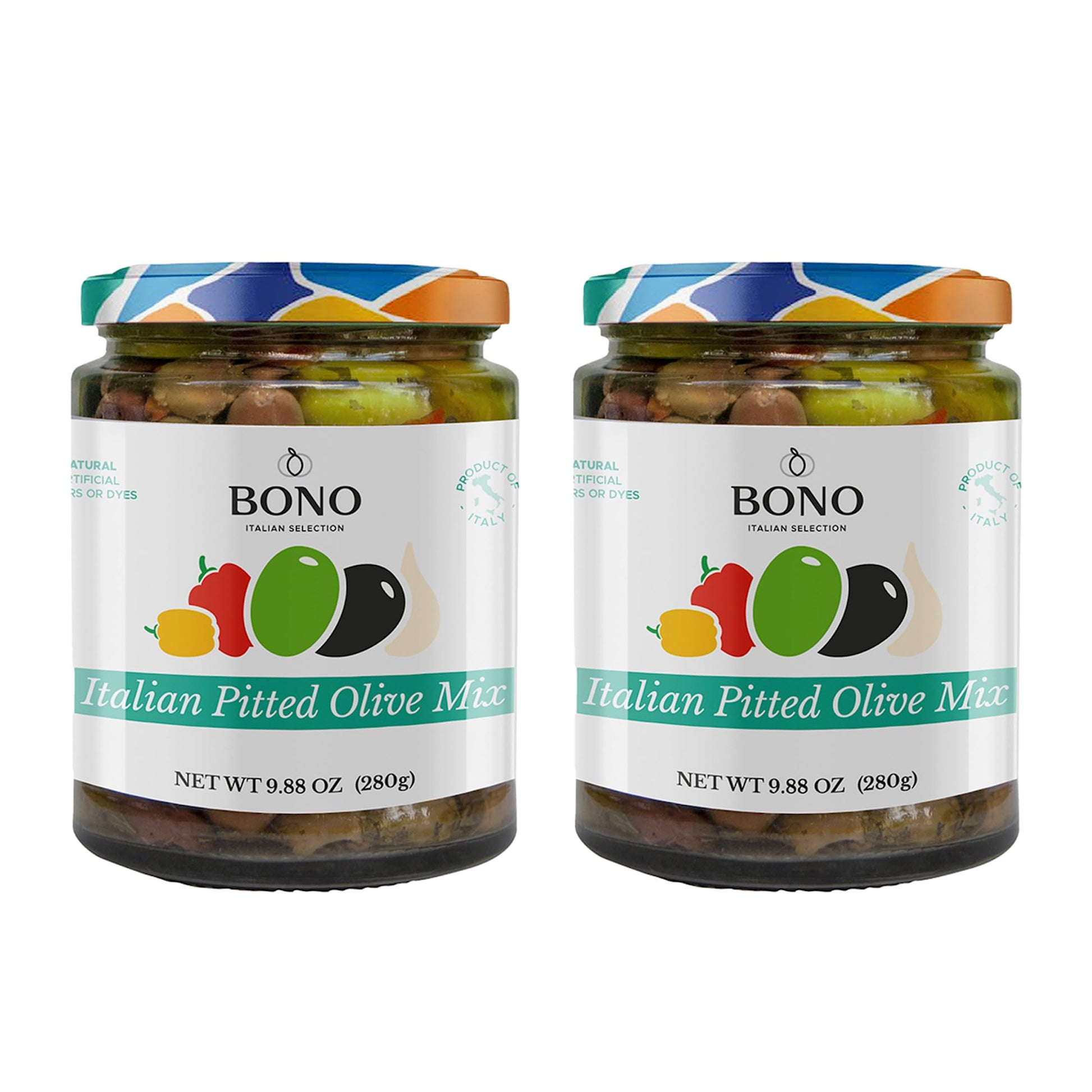 Bono Italian Gourmet Olives, All Natural, Non-GMO, Pitted Olive Mix, Pack of 2, 9.88 OZ