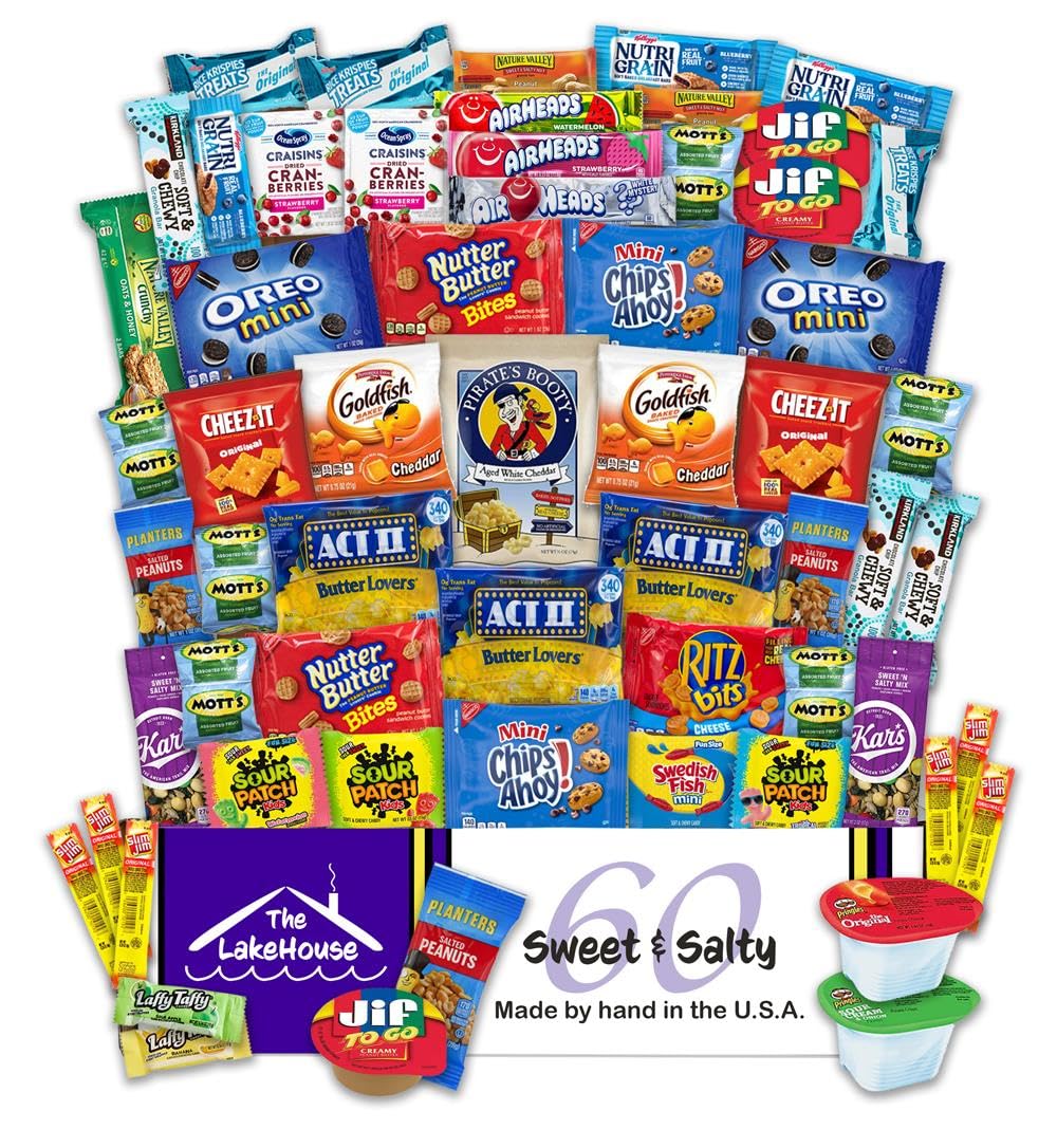 The LakeHouse Snacks Variety Pack - 60 Count Sweet & Salty Treats for Adults, Kids, Students - Perfect Camp Care Package & Office Snack