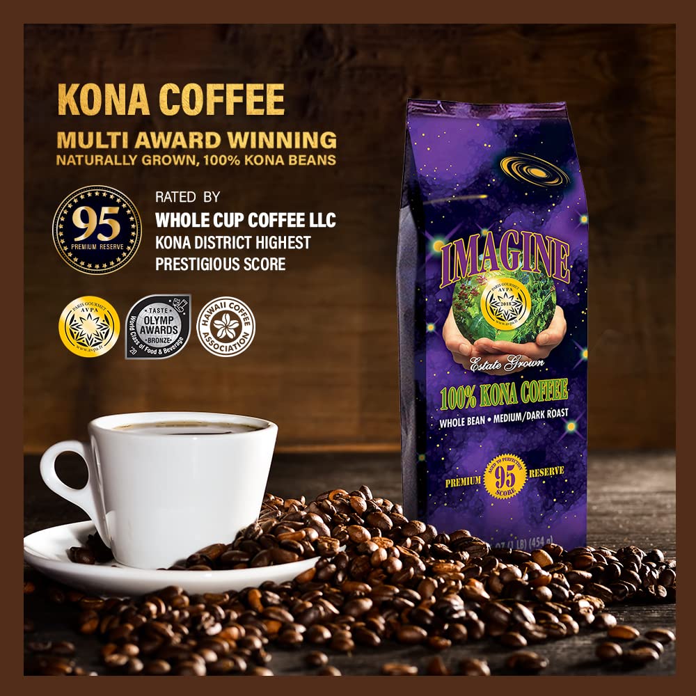 Imagine Kona Organic Coffee Beans | Arabica Kona Beans | Top Grade Air Roasted | Medium Dark Roast | Organic Whole Bean - 16Oz