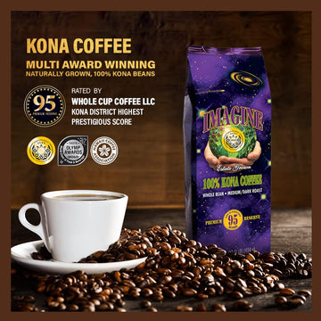 Imagine Kona Organic Coffee Beans | Arabica Kona Beans | Top Grade Air Roasted | Medium Dark Roast | Organic Whole Bean - 16Oz