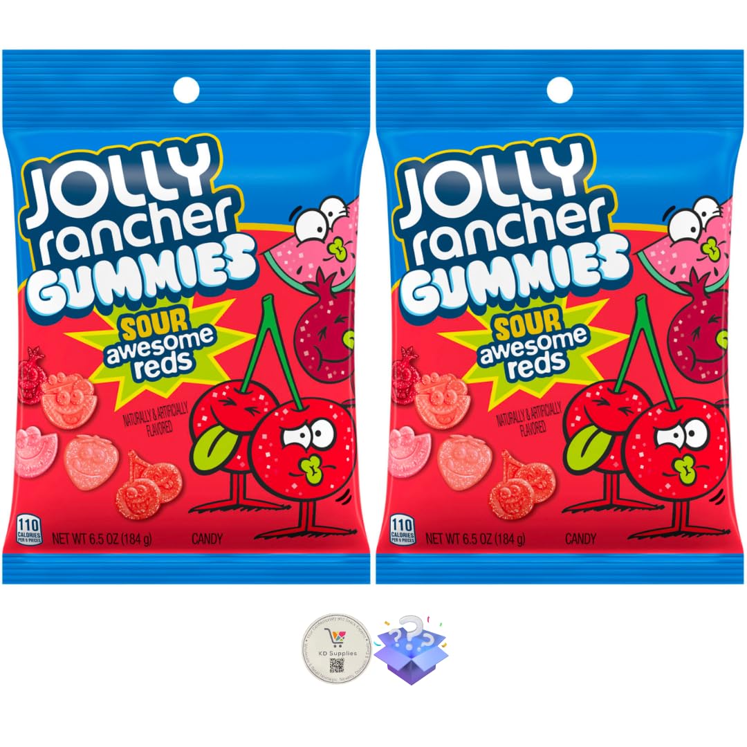 Jolly Rancher Fruit Flavored Gummies Candy Bags + Bonus Mystery Candy (6.5 oz (Pack of 2), Sour Awesome Reds)