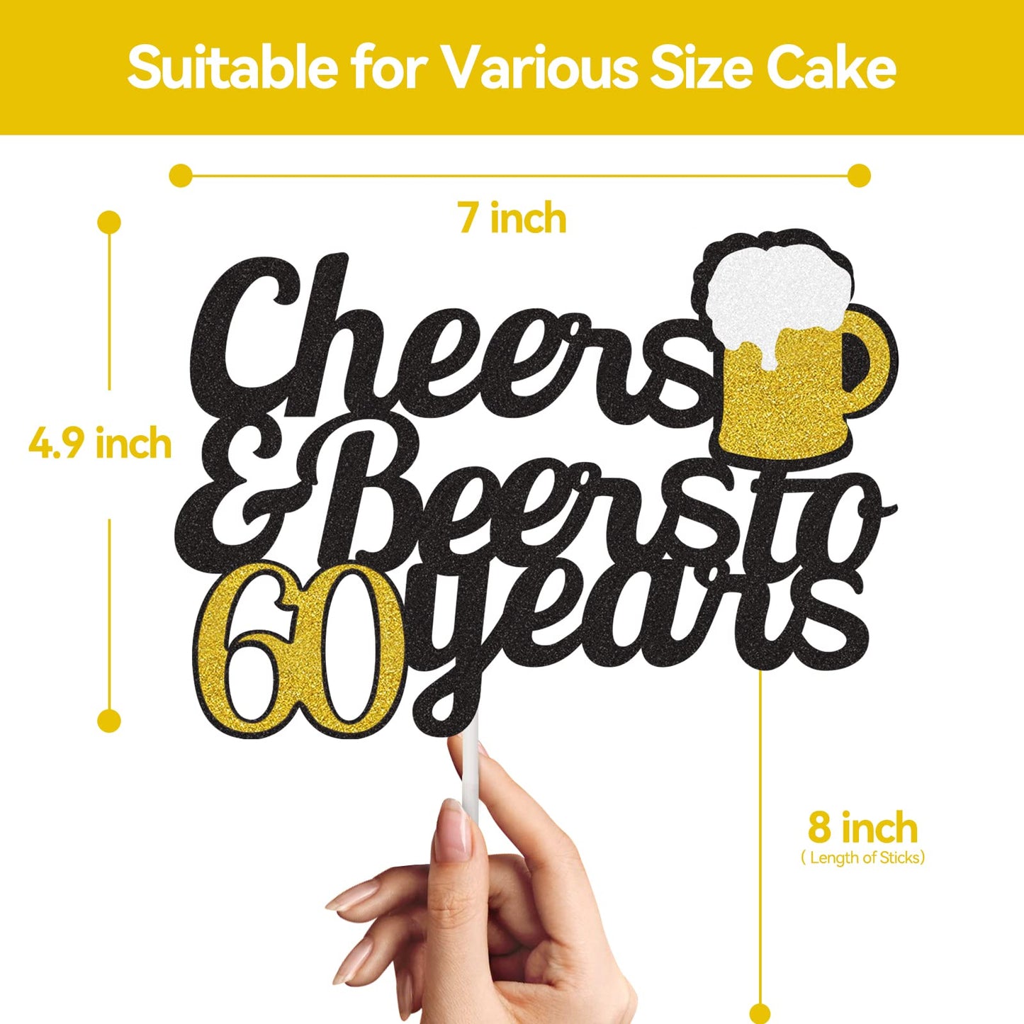 Cheers To 60 Years Cake Topper, Happy 60Th Birthday Cake Topper, 60Th Anniversary Birthday Party Supplies Black And Gold Glitter