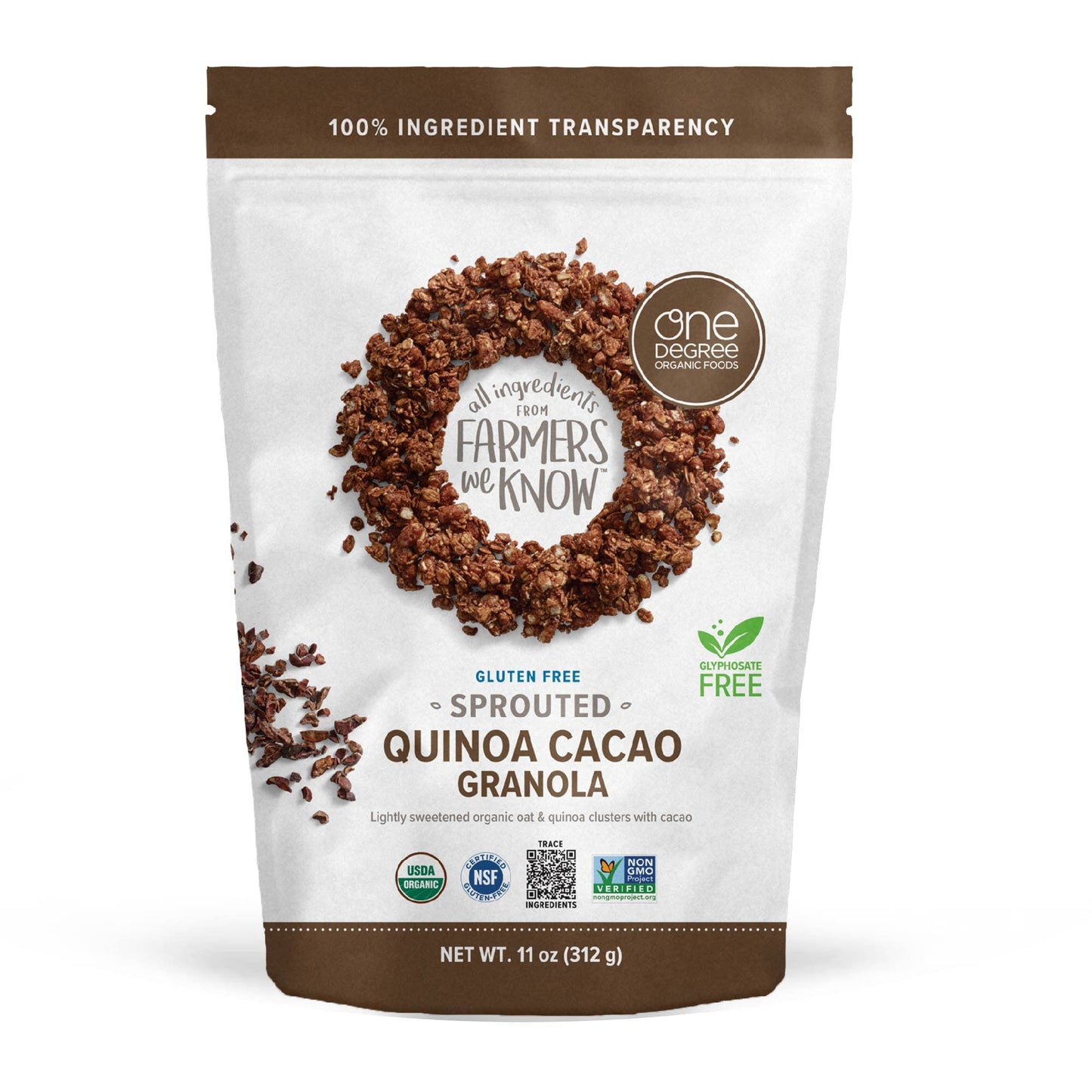 One Degree Organic Foods Sprouted Oat Quinoa Cacao Gluten Free Granola - Usda Organic, Vegan (11 Oz. - 6 Pack)