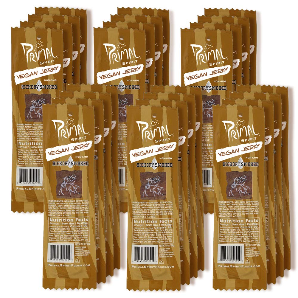 Primal Spirit Vegan Jerky - Classic Flavor, Hickory Smoked, 1 oz (Pack of 24) - Non-GMO, Plant-Based Protein
