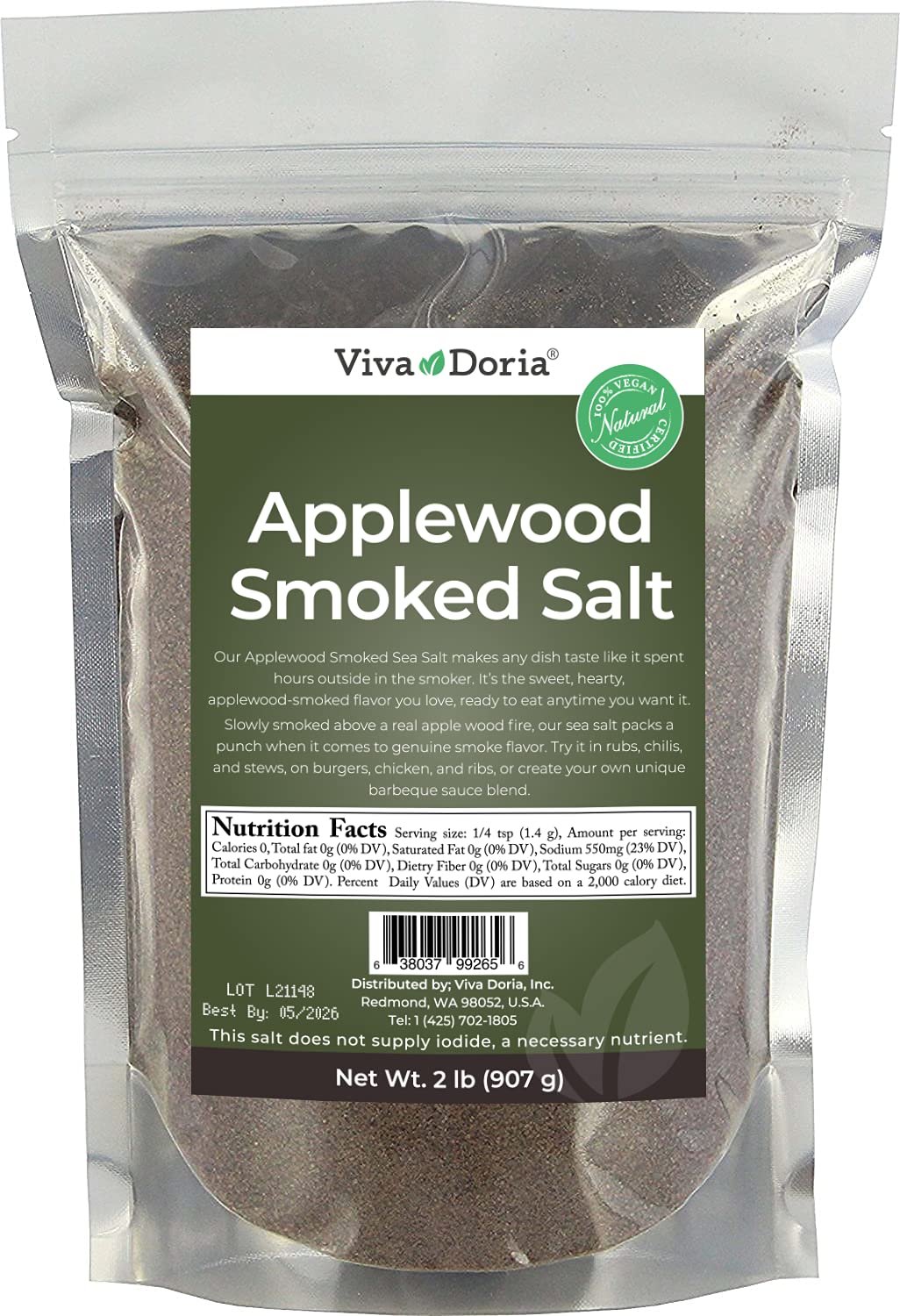 Viva Doria Applewood Smoked Sea Salt, Fine Grain, 32 Ounce (Pack of 1)