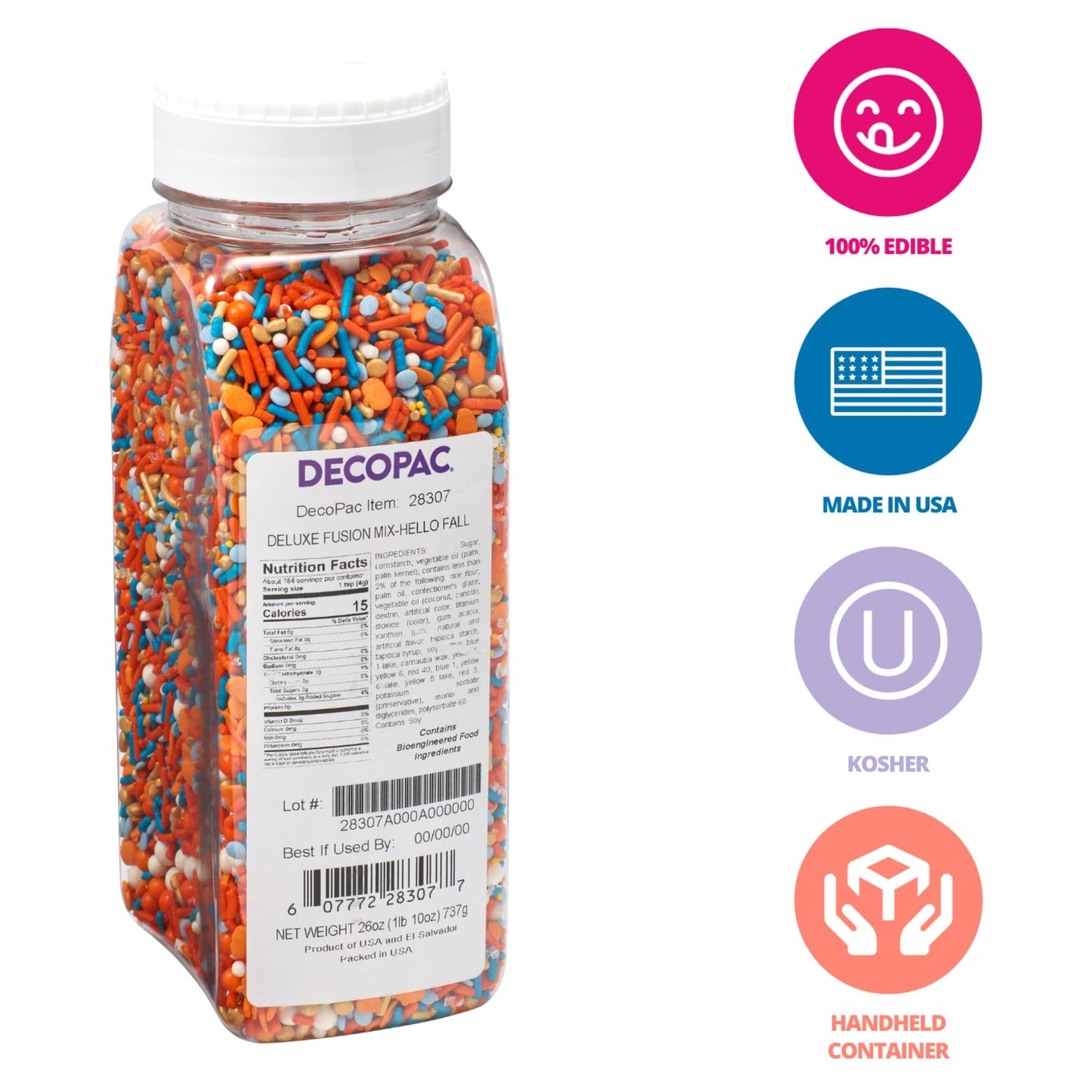 Decopac Fall Deluxe Fusion Mix Candy Sprinkles, 26Oz, Fancy Sprinkles In Handheld Container, Edible Sprinkles For Celebration Cakes, Cupcakes, Cookies And Donuts