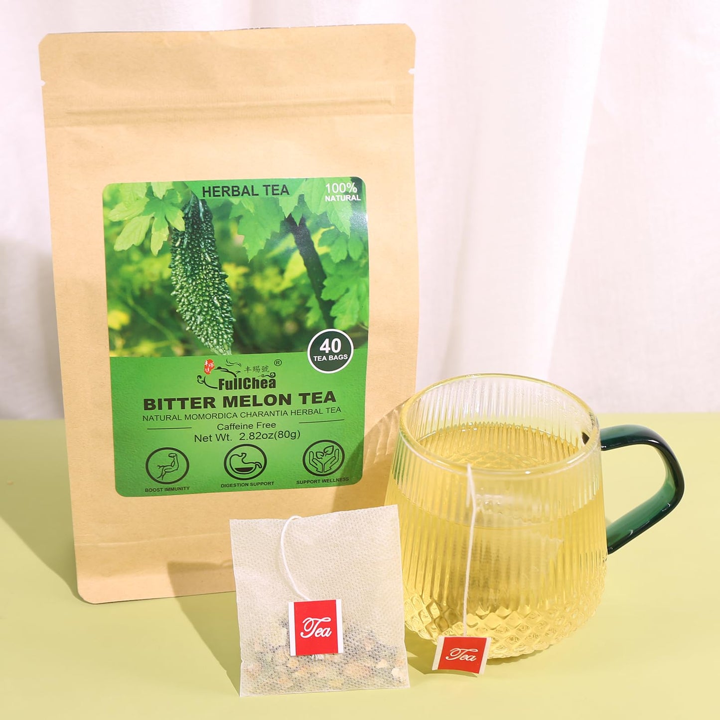 FullChea Bitter Melon Tea, Premium Natural Dried Momordica Charantia, 40 Count, Non-GMO, Caffeine-Free, Supports Wellness & Digestion