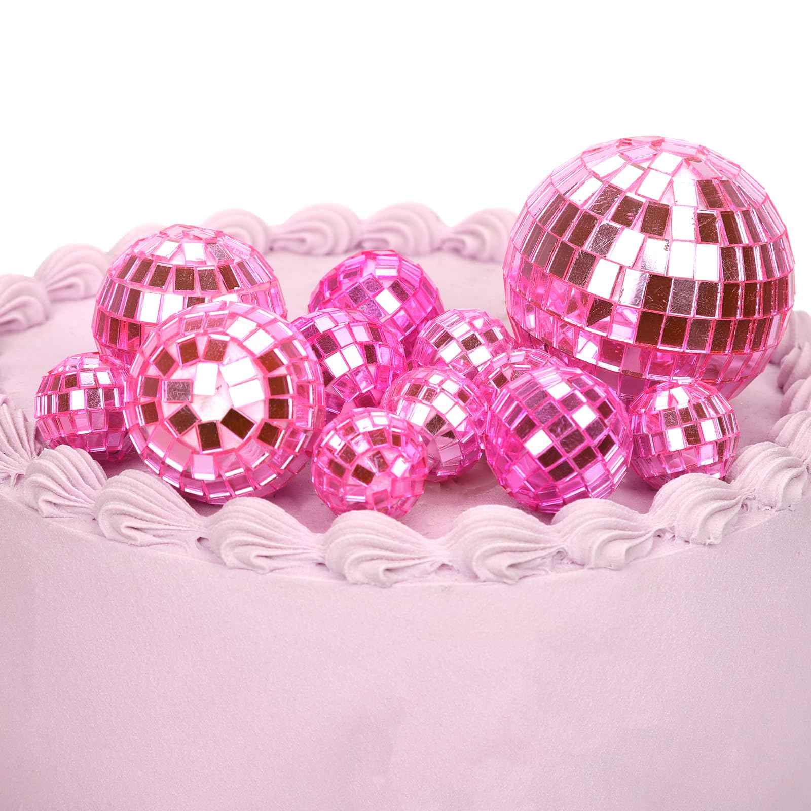 PEUTIER Disco Ball Cake Toppers Set, 12pcs in 4 Sizes, Pink, for Birthday and 70s Theme Parties, Model 04138