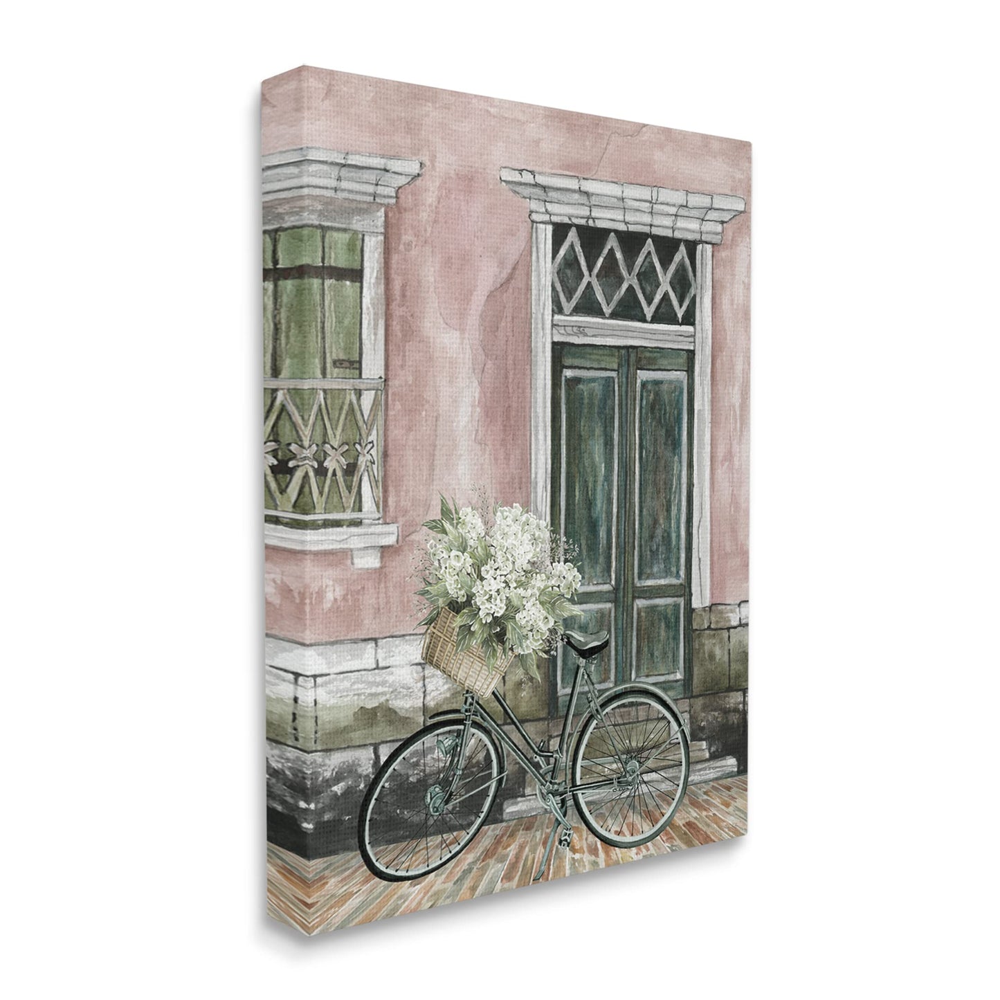 Stupell Industries Spring Bicycle Lush Floral Bouquet Vintage City Architecture, Designed By Cindy Jacobs Canvas Wall Art, 16 X