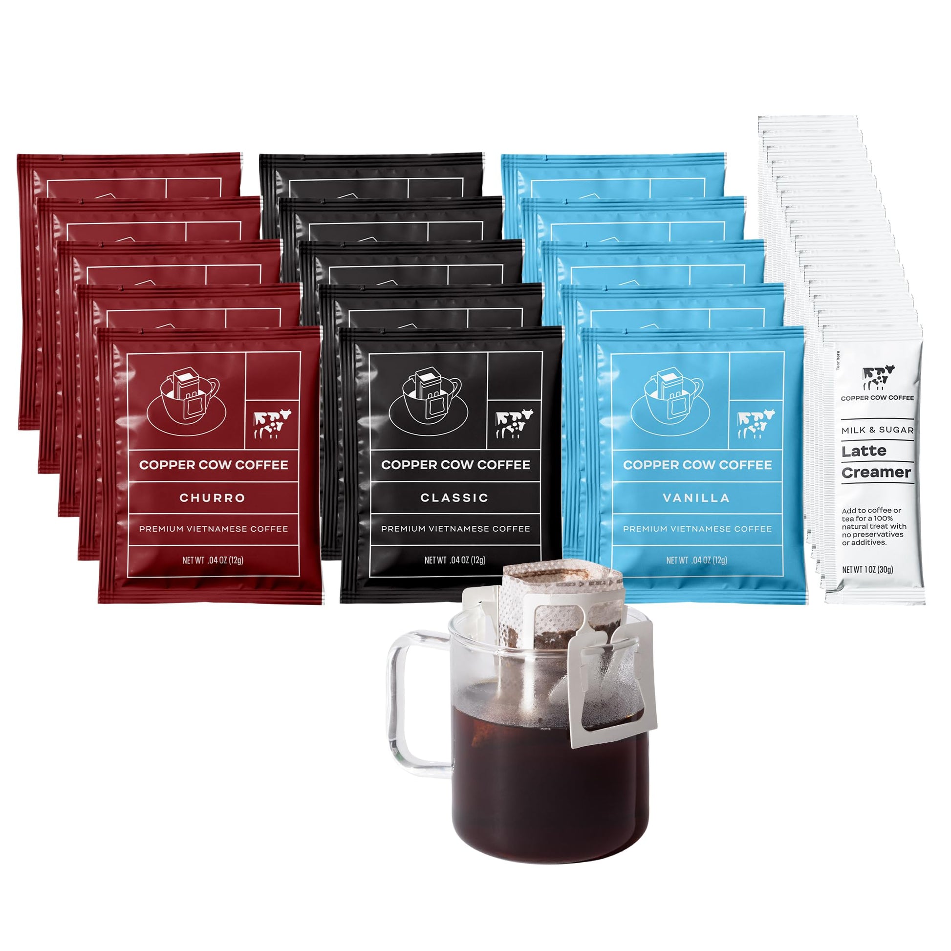Copper Cow Coffee Vietnamese Pour Over Coffee with Sweetened Condensed Milk Creamer, 15 Pack, All-Natural, Classic, Vanilla, Churro Latte Flavors
