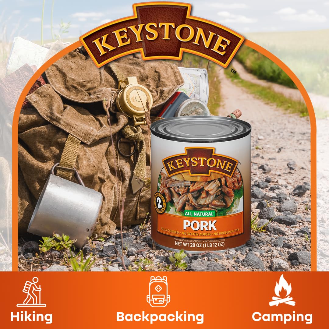 Keystone Meats All Natural Heat and Serve Canned Pork, 28 oz - Fully Cooked and Ready to Eat - Shelf Stable for 5 Years - Canned