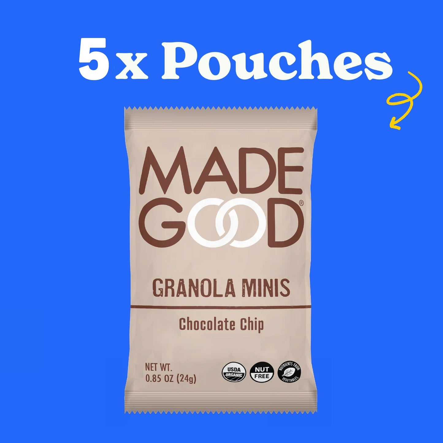MadeGood Organic Chocolate Chip Granola Minis, 5 Pack, 0.85 oz - Healthy Snack, Gluten-Free, Nut-Free, Vegan Treats