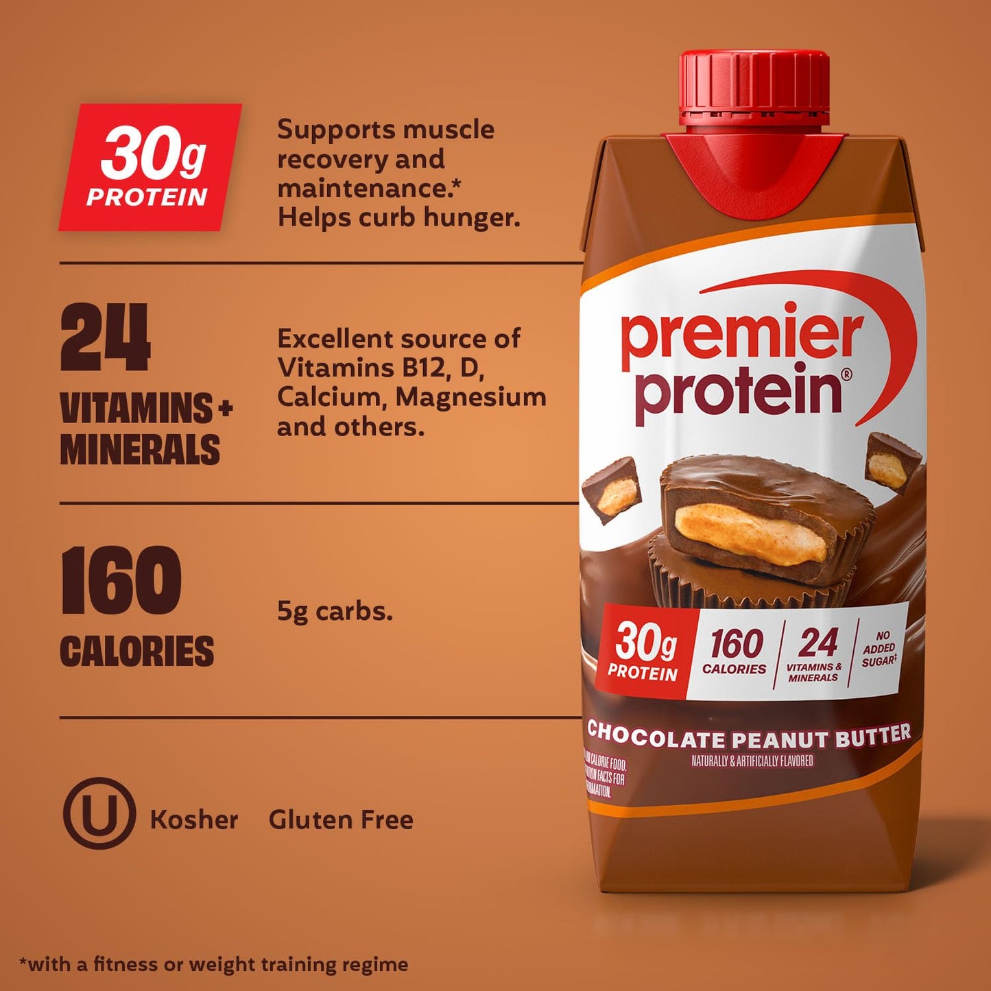 Premier Protein Shake, Chocolate Peanut Butter, 30g Protein, No Added Sugar, 24 Vitamins & Minerals to Support Immune Health, 11