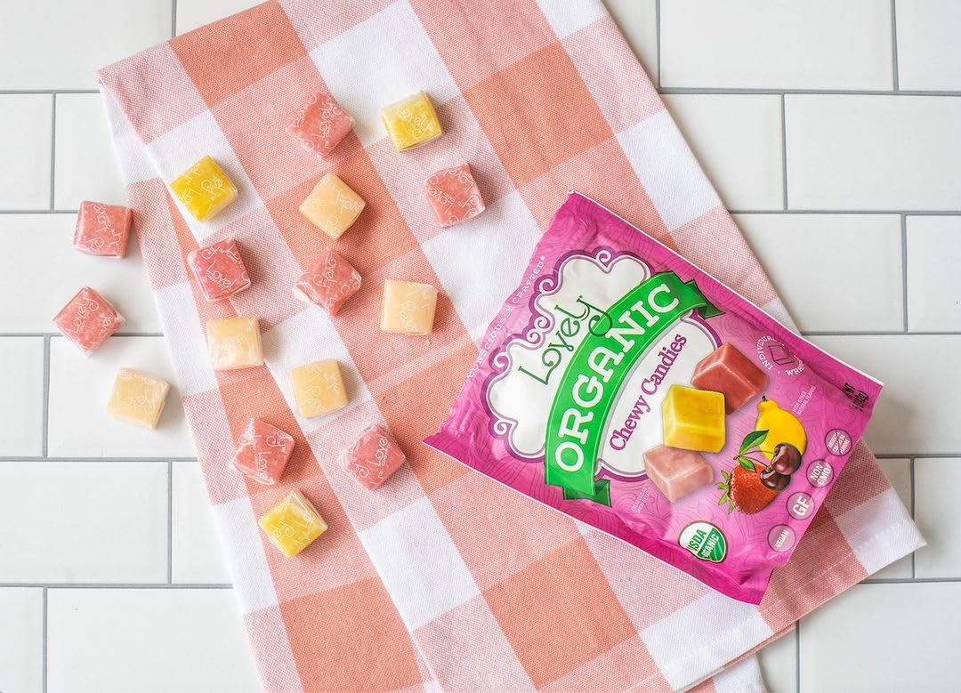 Lovely Candy Co. Organic Chewy Candies 5oz Bag (6-pack) | Natural Strawberry, Lemon & Cherry Flavors | Vegan, Gluten Free, Non-G