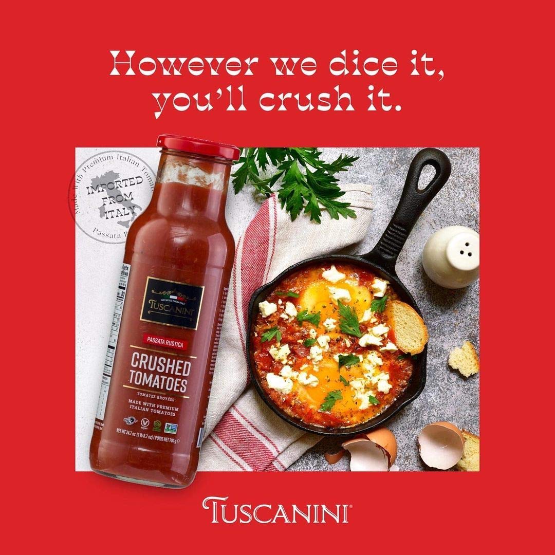 Tuscanini Premium Italian Crushed Tomatoes, 24.7oz (2 Pack), Vegan, Imported from Italy, Glass Bottle