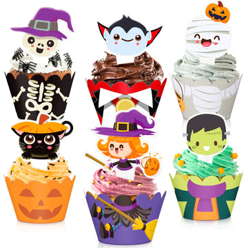 Fumete 72 Pcs Halloween Cupcake Toppers Party Cake Toppers Wrappers Pumpkin Vampire Witch Cupcake Toppers Halloween Cupcake Line