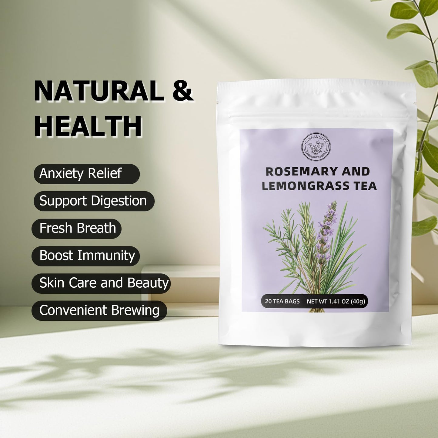 HANFANGLING Herbal Tea - Rosemary Lemongrass, Caffeine-Free, 20 Tea Bags, Refreshing & Uplifting, Ideal for Relaxation & Digestion