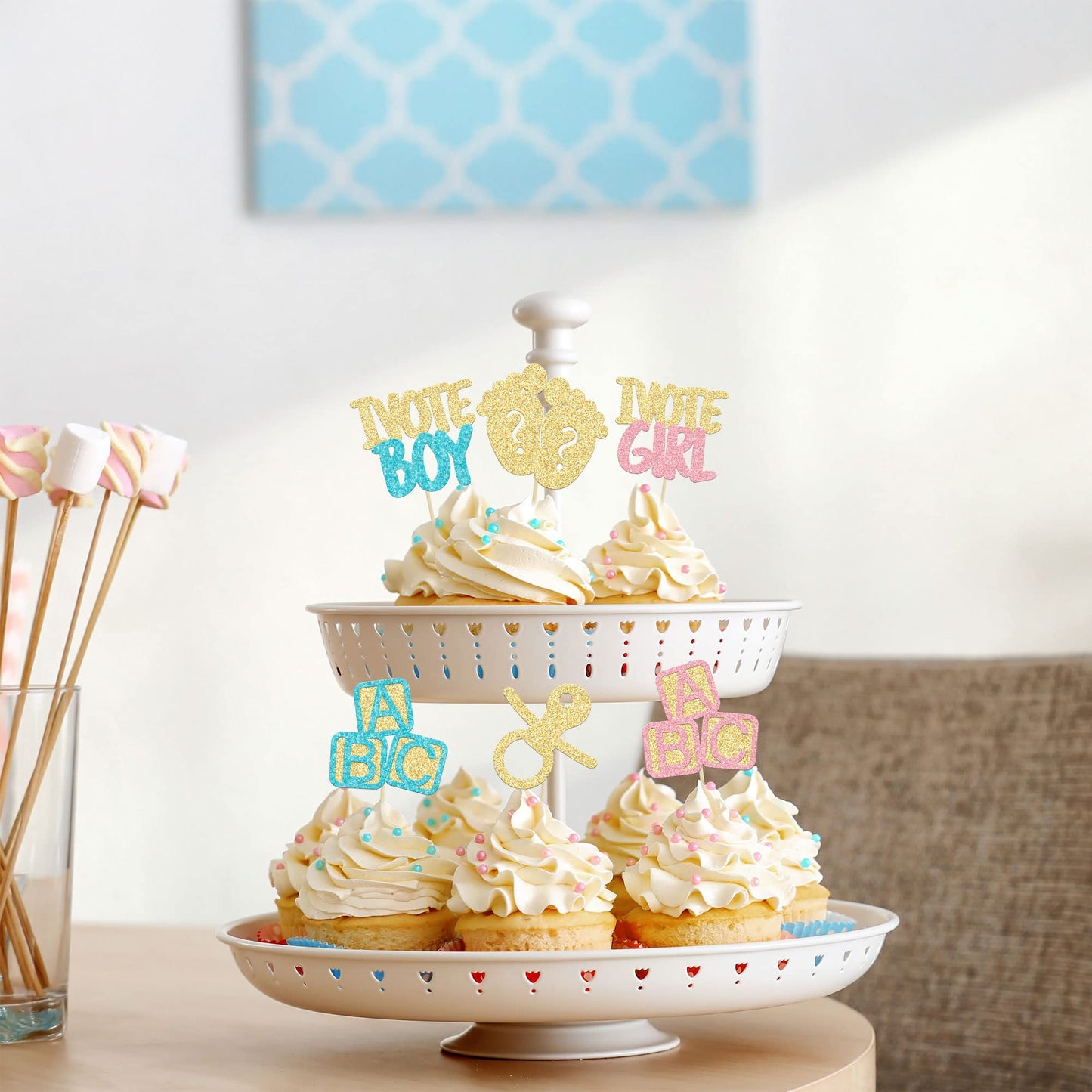 24Pcs Boy Or Girl Cupcake Toppers Gender Reveal Cupcake Picks Glitter Baby Shower Cupcake Decorations Vote Boy Or Girl Cake Deco