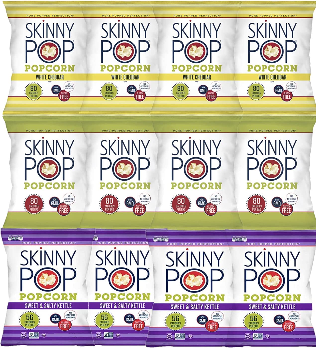 CNJ DELIVERS LLC Skinny Pop Variety Pack - Sweet & Salty Kettle, White Cheddar, Original - 12 Count Individual Bags