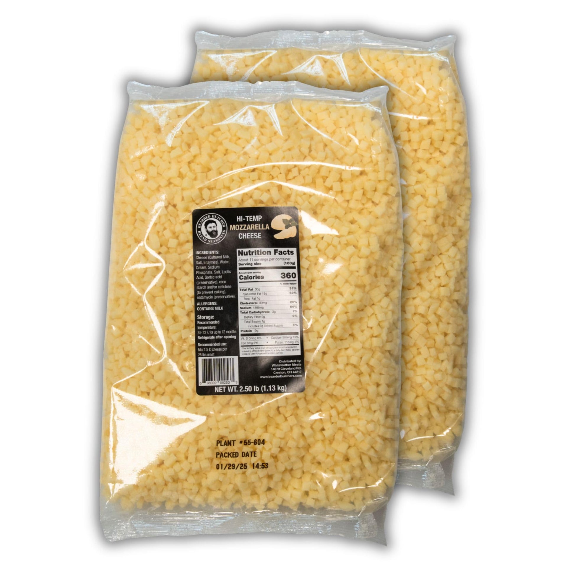 BEARDED BUTCHER HIGH-TEMP MOZZARELLA CHEESE - 2.5 lb Bags, Pack of 2, 400°F, Shelf-Stable Cubes for Sa