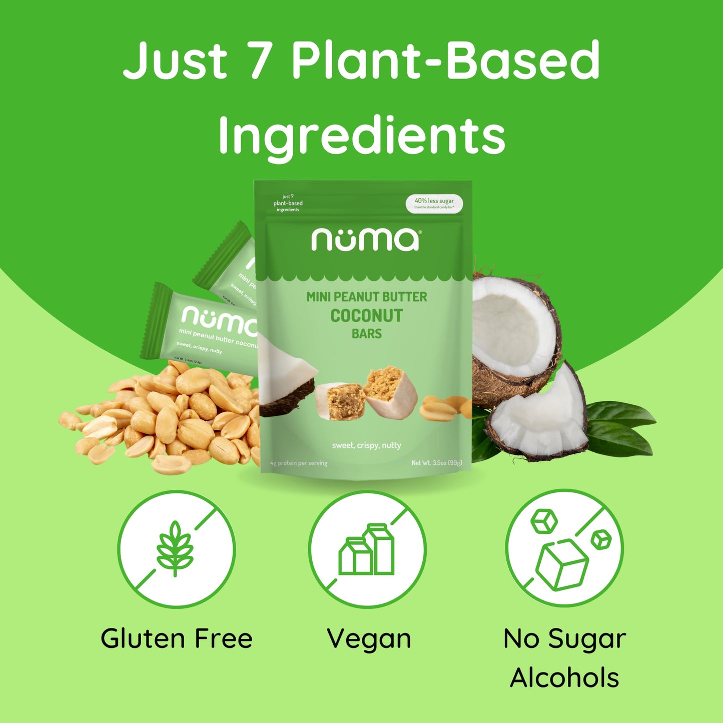 Numa Foods Mini Coconut Peanut Butter Bars – Vegan, Low Sugar, High Protein, All Natural, Gluten Free – Crunchy Plant Based Peanut Butter Snacks – 3 Bags With 8 Individually Wrapped Protein Bars