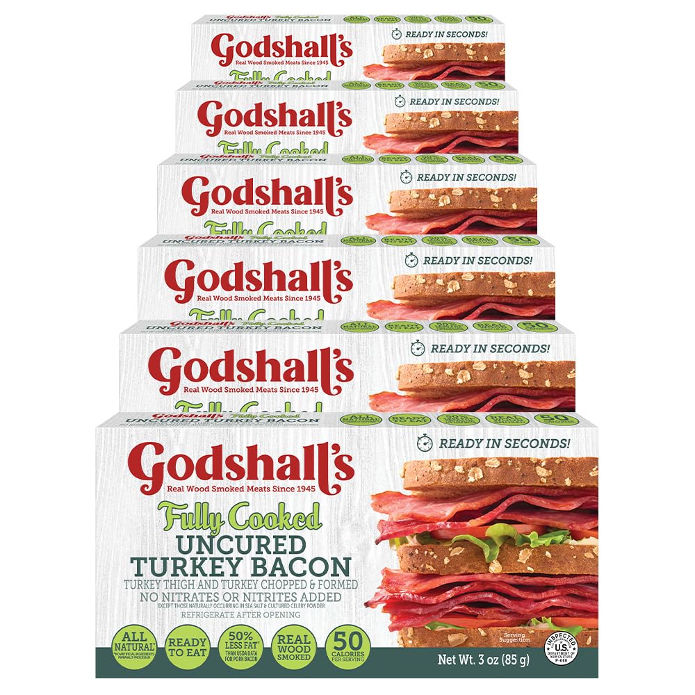 Godshalls Fully Cooked Uncured Turkey Bacon, 3 oz, 6 Pack