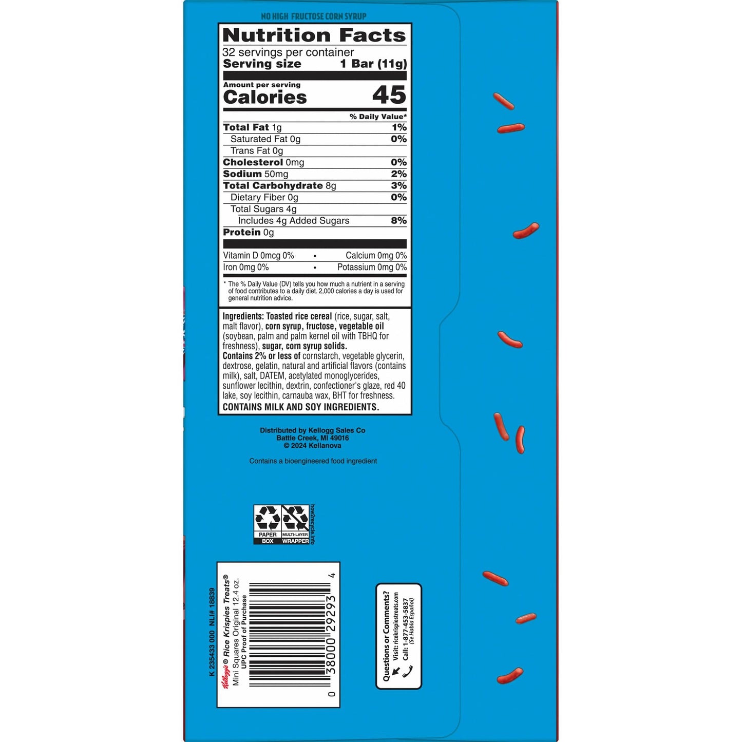Rice Krispies Treats Mini Marshmallow Cereal Bars, Valentine'S Day Snacks, Original With Holiday Sprinkles, 12.4Oz Box (32 Count