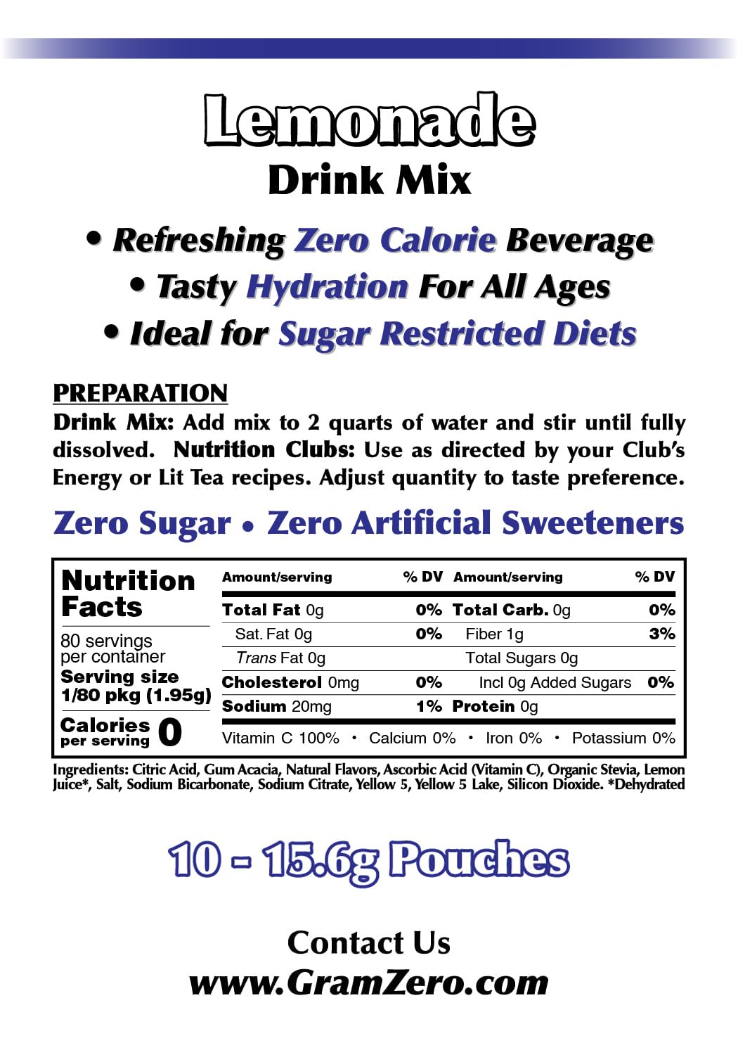 Gramzero Lemonade, Sugar Free Drink Mix, Pitcher Pack, Great For Nutrition Club Loaded Tea, Zero Calorie, Stevia Sweetened